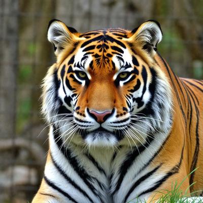 The primary subject of the image is a close-up of a tiger's face. The tiger is looking directly at the camera, with its eyes wide open. The setting is a grassy area, and the visual style is a photo. The colors in the image are predominantly shades of orange and yellow, giving the scene a warm and vibrant atmosphere.